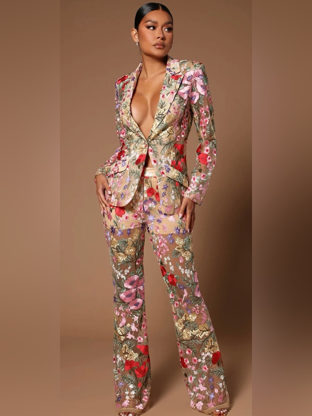 Fashion Nova Nude Sheer Embroidered Floral Suit Pants - Picture 3 of 9